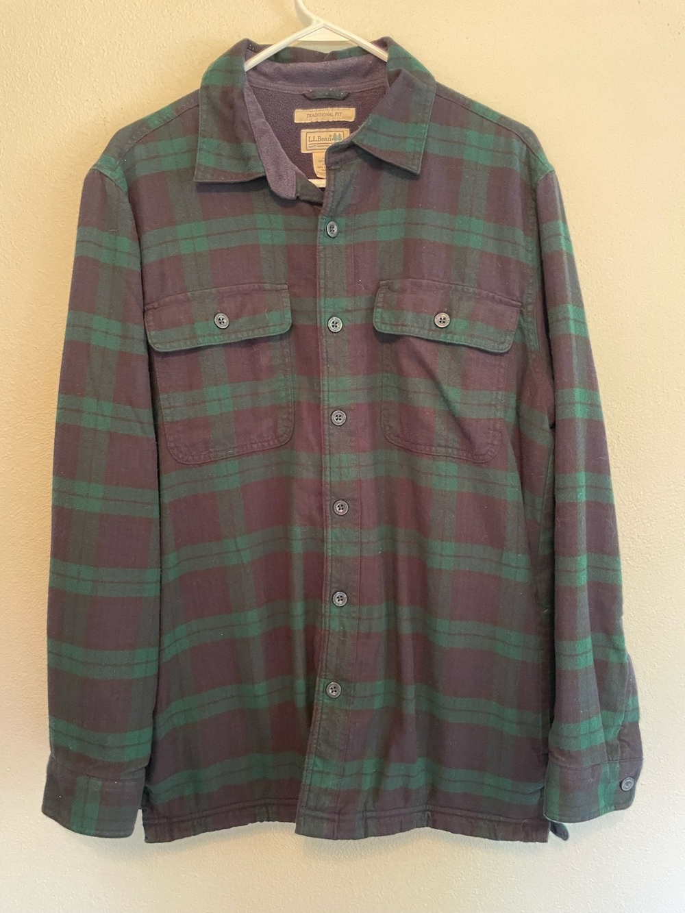 L.L. Bean Green & Black Fleece Lined Plaid Flannel Button-Down Medium